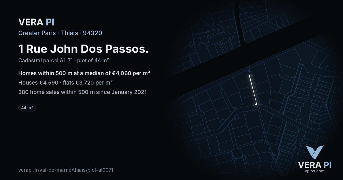 1 Rue John Dos Passos, Thiais at night – the plot lit, the parcels around coloured by the prices near them