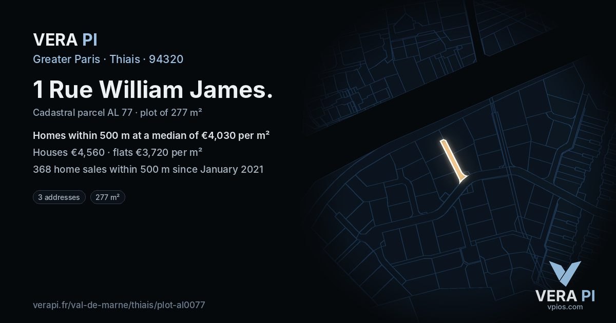 1 Rue William James, Thiais at night – the plot lit, the parcels around coloured by the prices near them