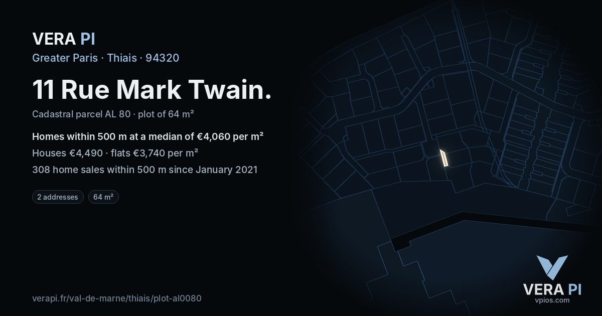 11 Rue Mark Twain, Thiais at night – the plot lit, the parcels around coloured by the prices near them