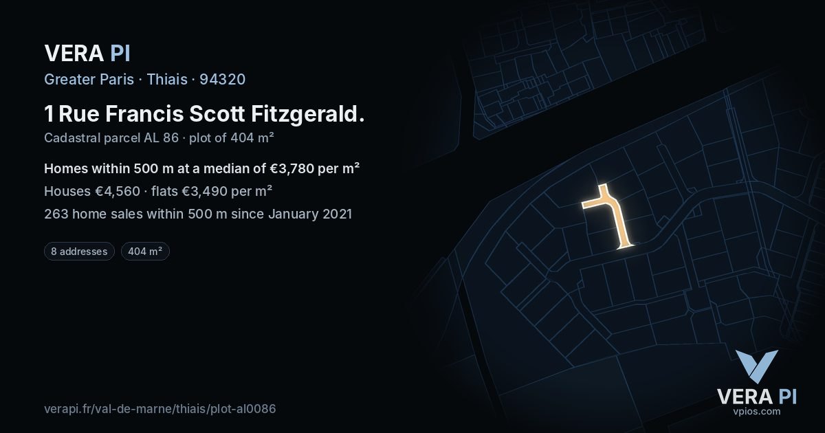 1 Rue Francis Scott Fitzgerald, Thiais at night – the plot lit, the parcels around coloured by the prices near them