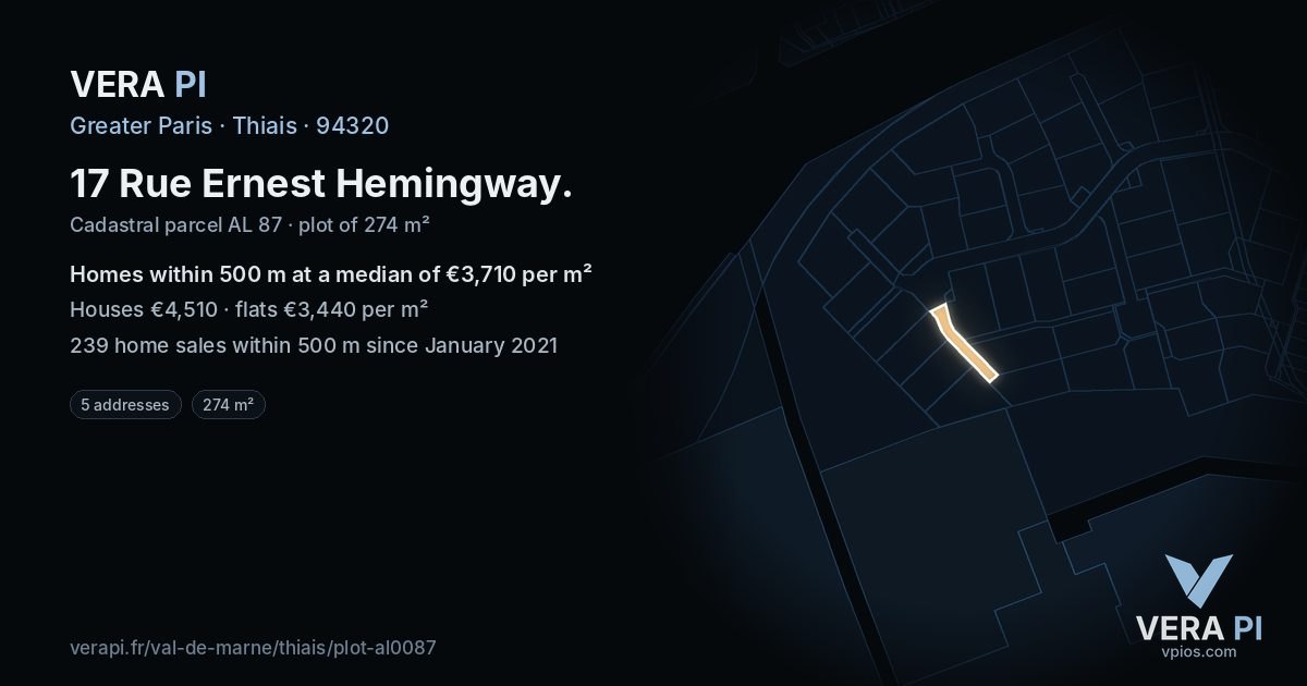 17 Rue Ernest Hemingway, Thiais at night – the plot lit, the parcels around coloured by the prices near them