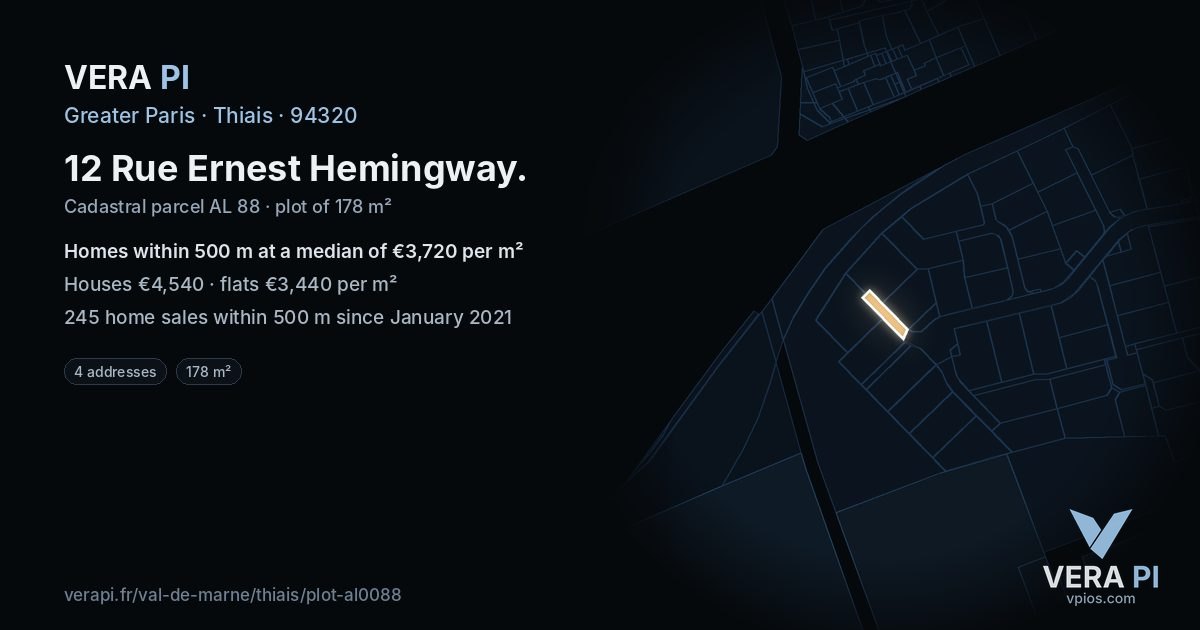 12 Rue Ernest Hemingway, Thiais at night – the plot lit, the parcels around coloured by the prices near them