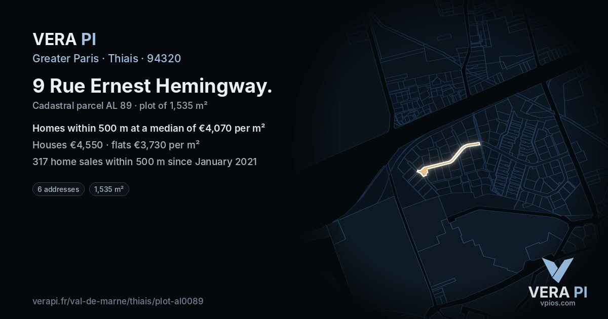 9 Rue Ernest Hemingway, Thiais at night – the plot lit, the parcels around coloured by the prices near them