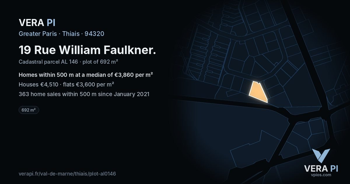 19 Rue William Faulkner, Thiais at night – the plot lit, the parcels around coloured by the prices near them