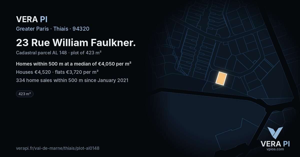 23 Rue William Faulkner, Thiais at night – the plot lit, the parcels around coloured by the prices near them