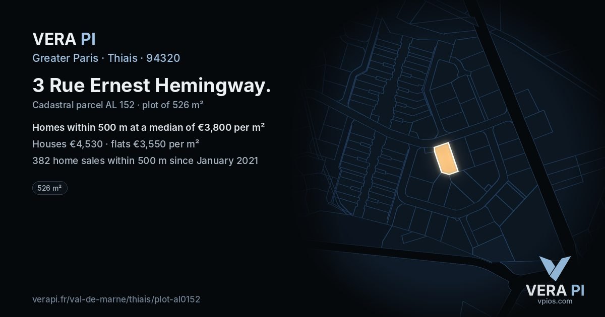 3 Rue Ernest Hemingway, Thiais at night – the plot lit, the parcels around coloured by the prices near them