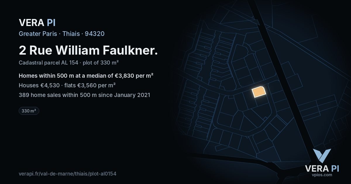 2 Rue William Faulkner, Thiais at night – the plot lit, the parcels around coloured by the prices near them