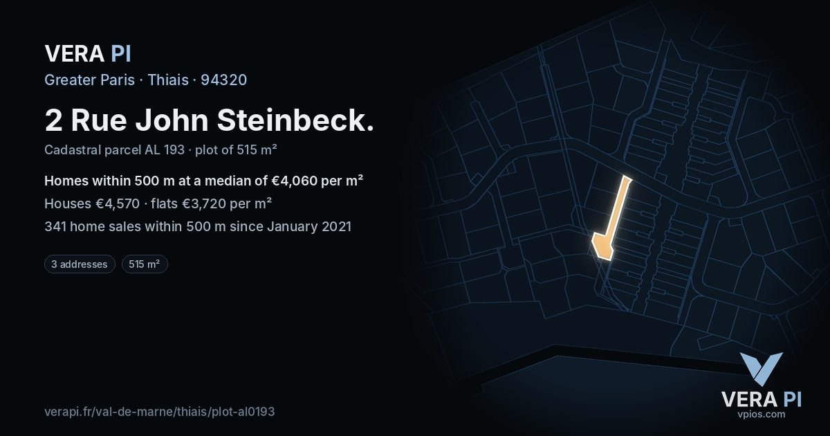 2 Rue John Steinbeck, Thiais at night – the plot lit, the parcels around coloured by the prices near them