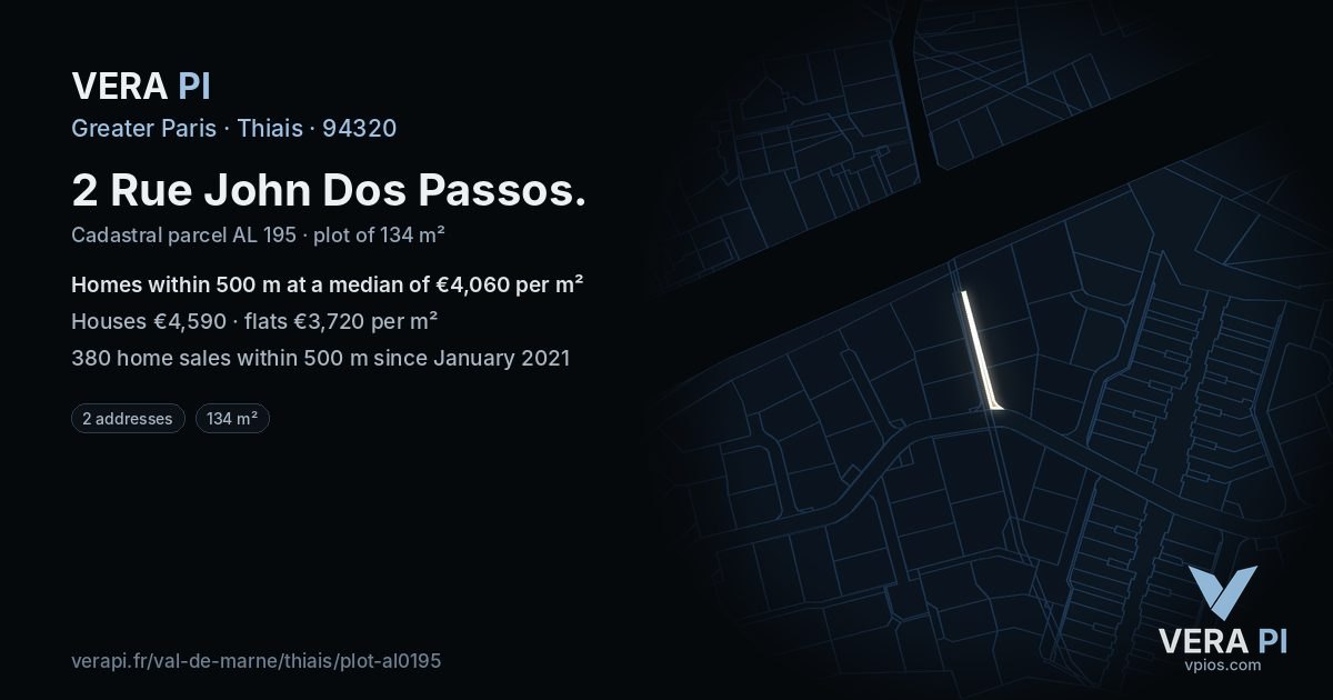2 Rue John Dos Passos, Thiais at night – the plot lit, the parcels around coloured by the prices near them