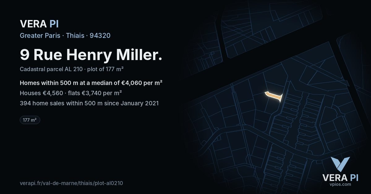 9 Rue Henry Miller, Thiais at night – the plot lit, the parcels around coloured by the prices near them