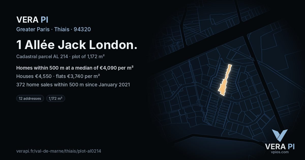 1 Allée Jack London, Thiais at night – the plot lit, the parcels around coloured by the prices near them