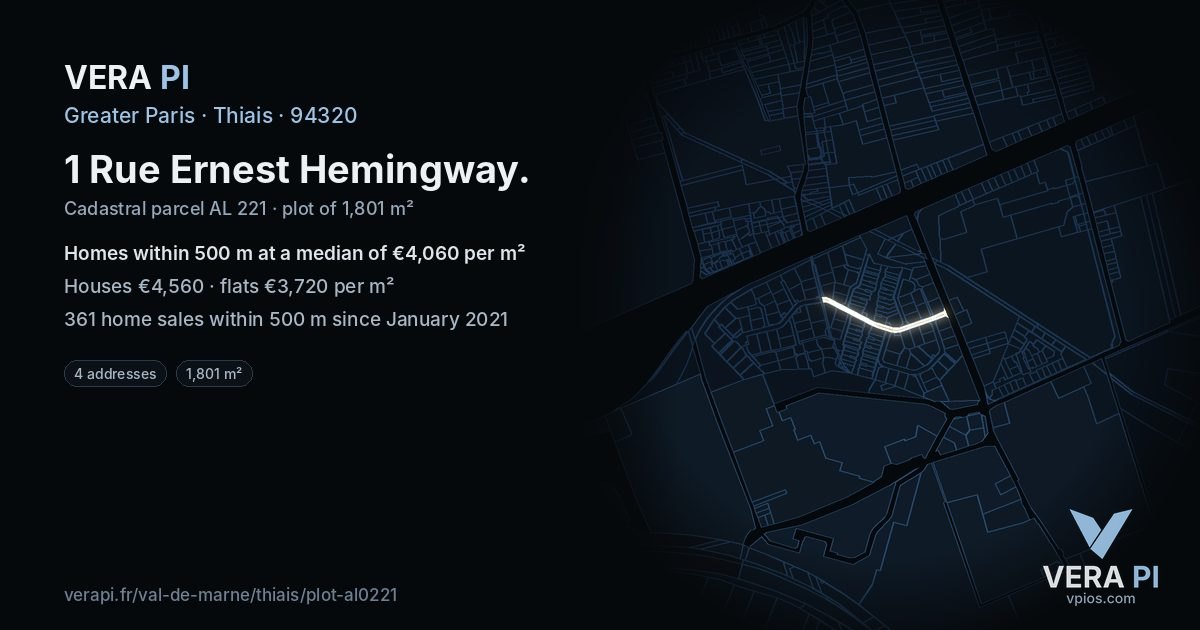 1 Rue Ernest Hemingway, Thiais at night – the plot lit, the parcels around coloured by the prices near them