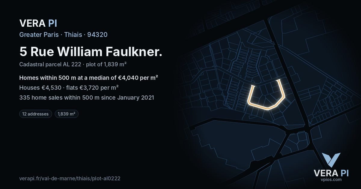 5 Rue William Faulkner, Thiais at night – the plot lit, the parcels around coloured by the prices near them