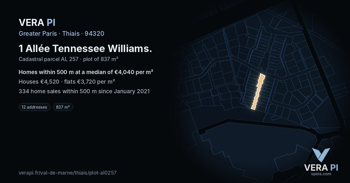1 Allée Tennessee Williams, Thiais at night – the plot lit, the parcels around coloured by the prices near them