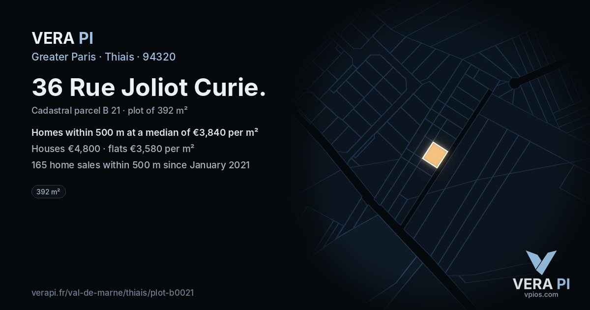 36 Rue Joliot Curie, Thiais at night – the plot lit, the parcels around coloured by the prices near them