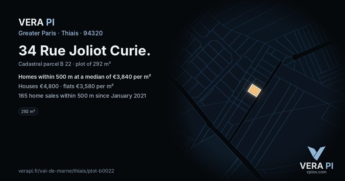 34 Rue Joliot Curie, Thiais at night – the plot lit, the parcels around coloured by the prices near them