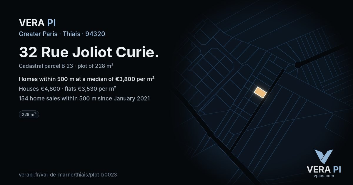 32 Rue Joliot Curie, Thiais at night – the plot lit, the parcels around coloured by the prices near them