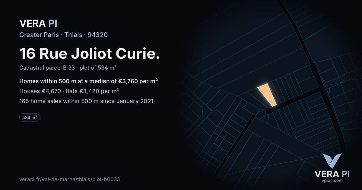 16 Rue Joliot Curie, Thiais at night – the plot lit, the parcels around coloured by the prices near them