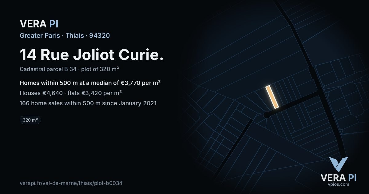 14 Rue Joliot Curie, Thiais at night – the plot lit, the parcels around coloured by the prices near them