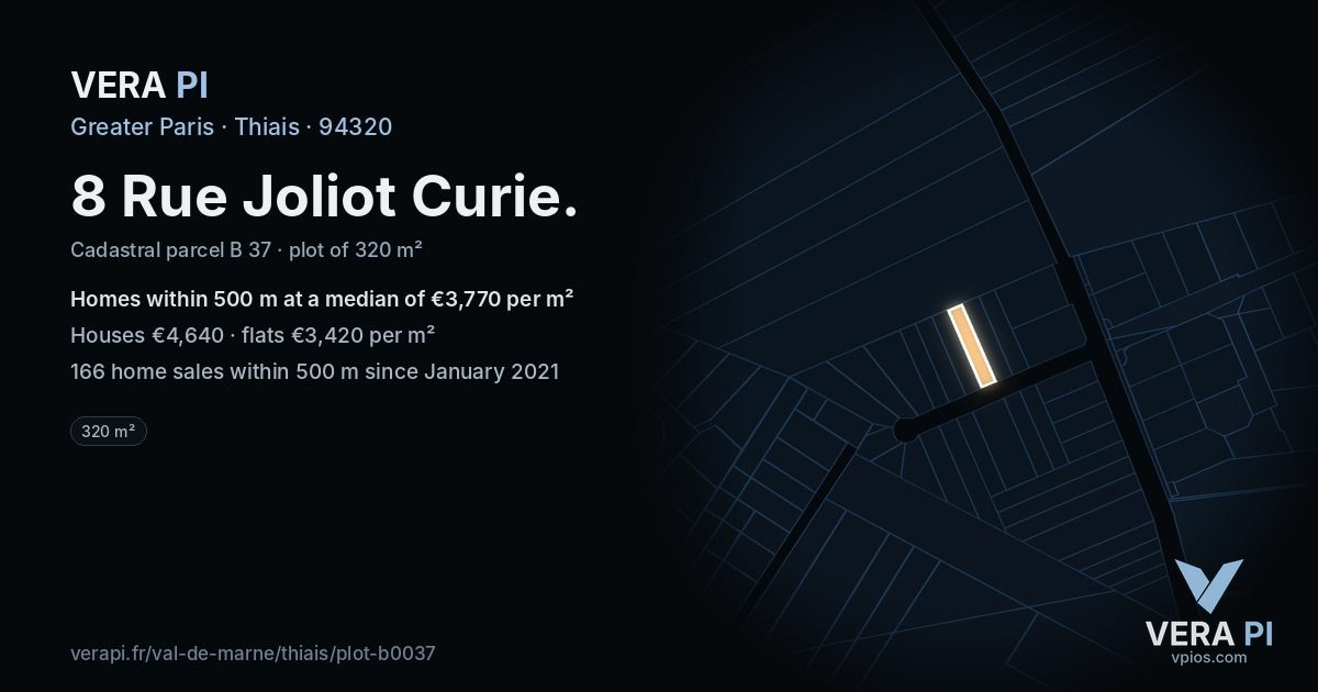 8 Rue Joliot Curie, Thiais at night – the plot lit, the parcels around coloured by the prices near them