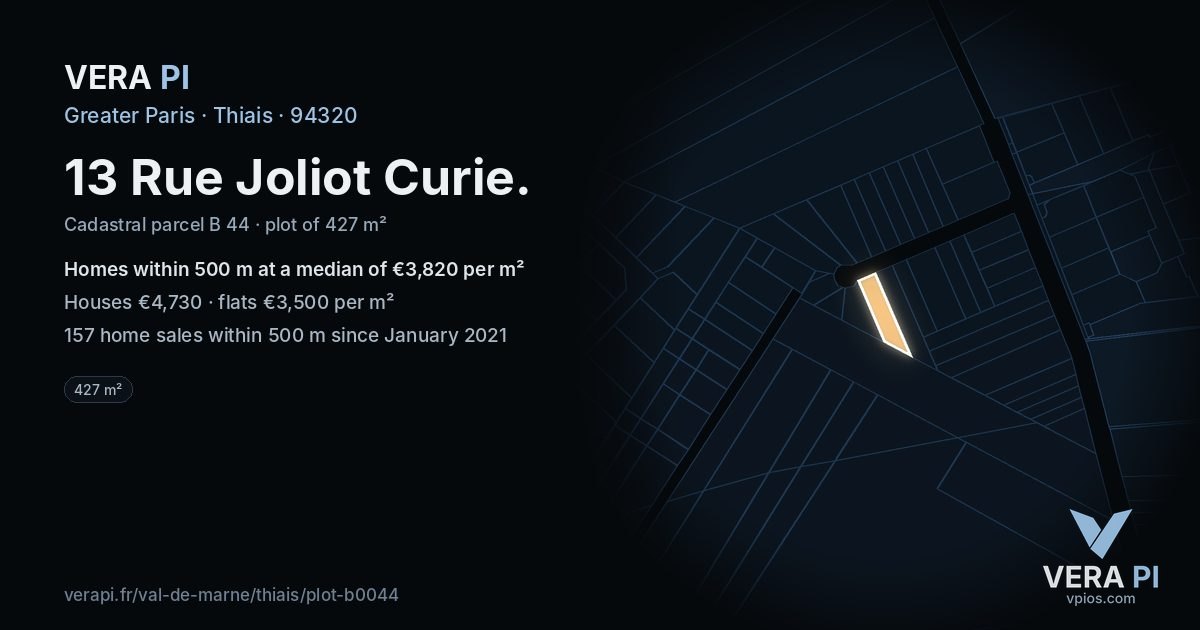 13 Rue Joliot Curie, Thiais at night – the plot lit, the parcels around coloured by the prices near them