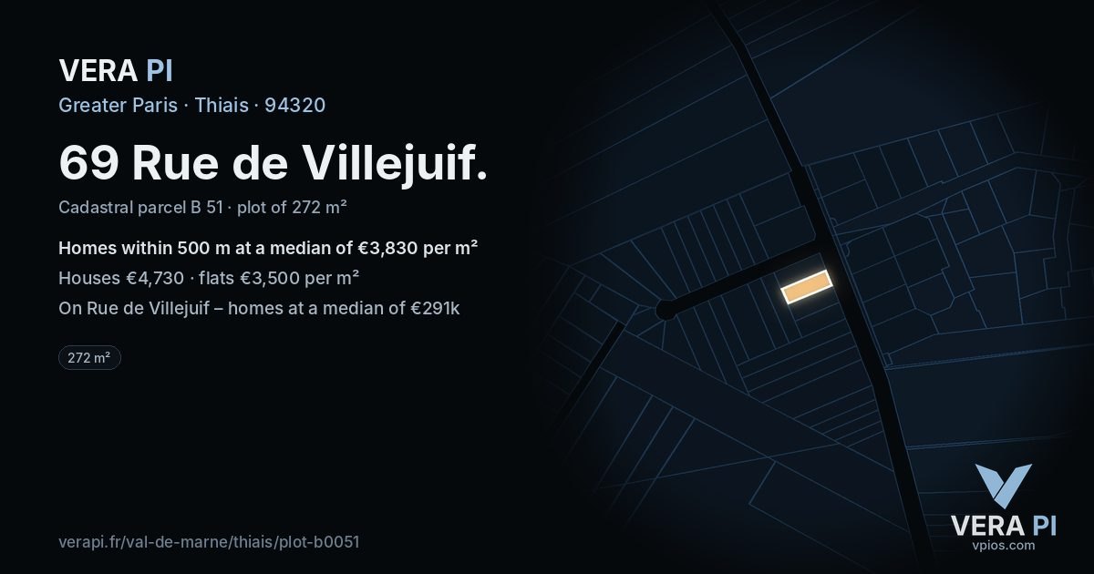 69 Rue de Villejuif, Thiais at night – the plot lit, the parcels around coloured by the prices near them