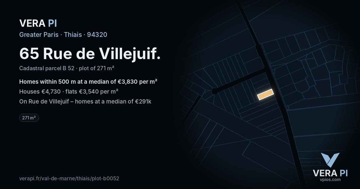 65 Rue de Villejuif, Thiais at night – the plot lit, the parcels around coloured by the prices near them