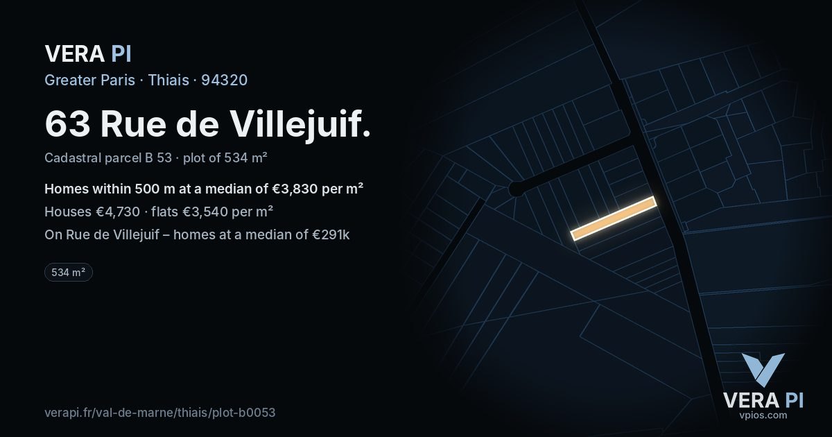 63 Rue de Villejuif, Thiais at night – the plot lit, the parcels around coloured by the prices near them