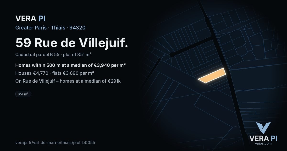 59 Rue de Villejuif, Thiais at night – the plot lit, the parcels around coloured by the prices near them