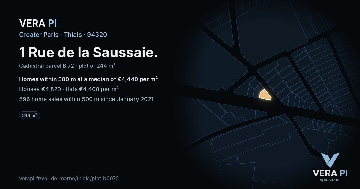 1 Rue de la Saussaie, Thiais at night – the plot lit, the parcels around coloured by the prices near them
