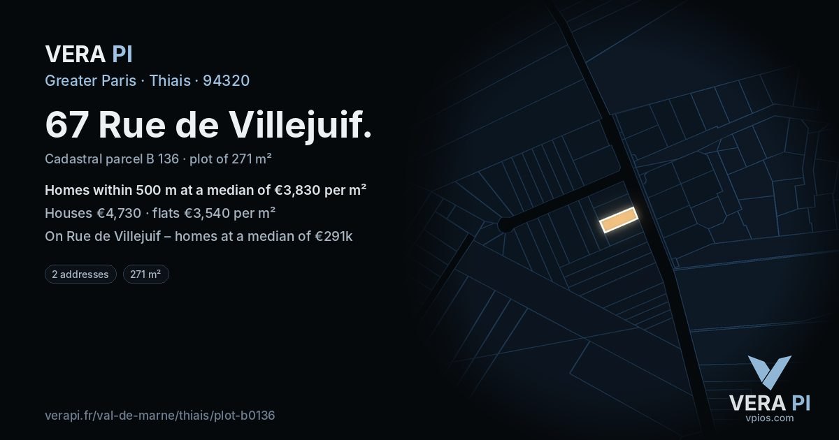 67 Rue de Villejuif, Thiais at night – the plot lit, the parcels around coloured by the prices near them