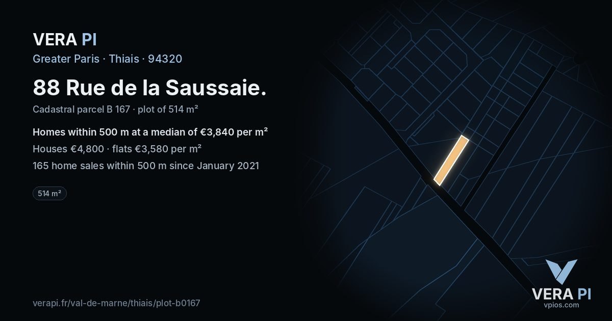 88 Rue de la Saussaie, Thiais at night – the plot lit, the parcels around coloured by the prices near them