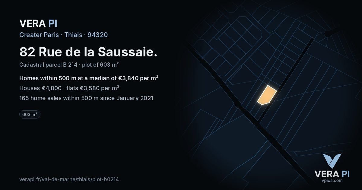 82 Rue de la Saussaie, Thiais at night – the plot lit, the parcels around coloured by the prices near them