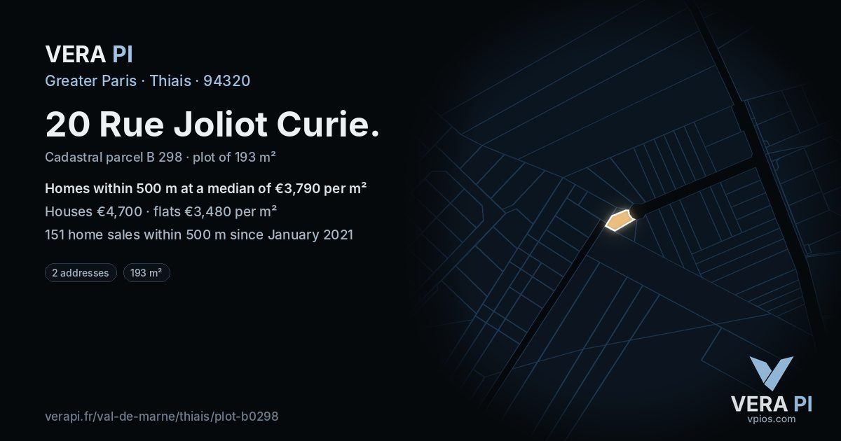 20 Rue Joliot Curie, Thiais at night – the plot lit, the parcels around coloured by the prices near them