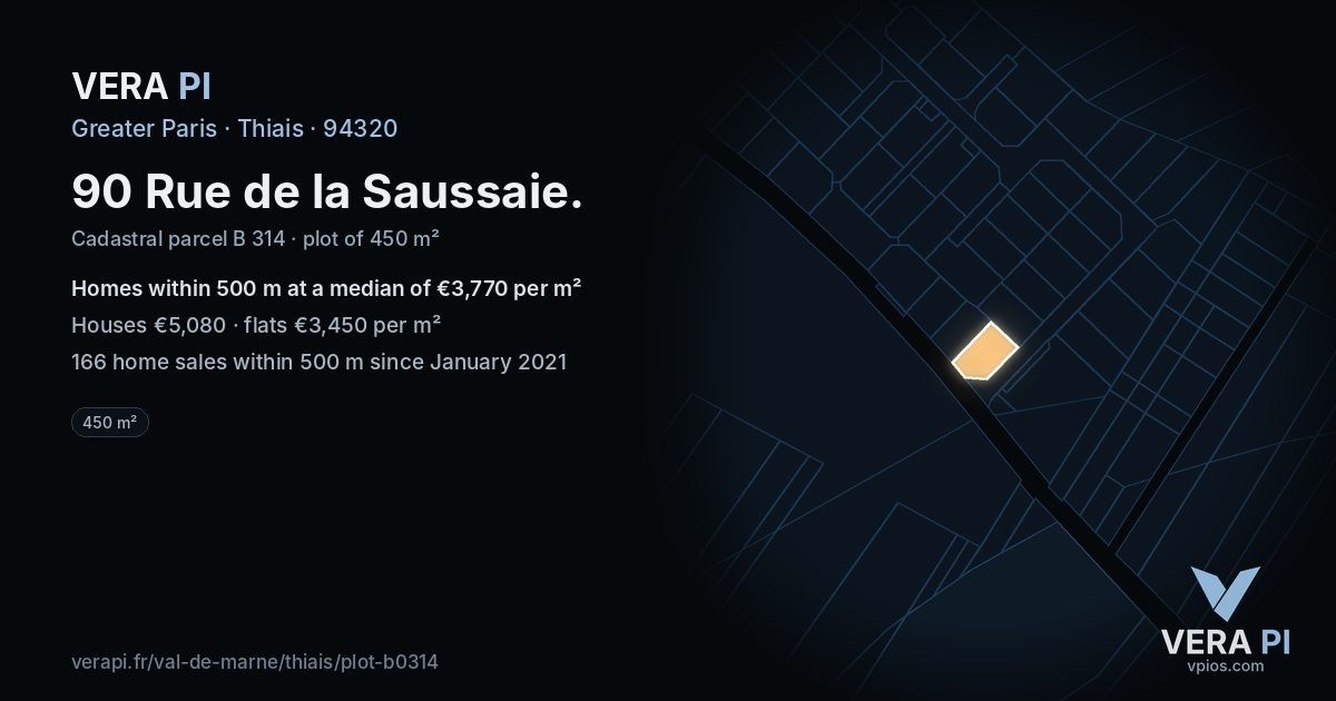 90 Rue de la Saussaie, Thiais at night – the plot lit, the parcels around coloured by the prices near them