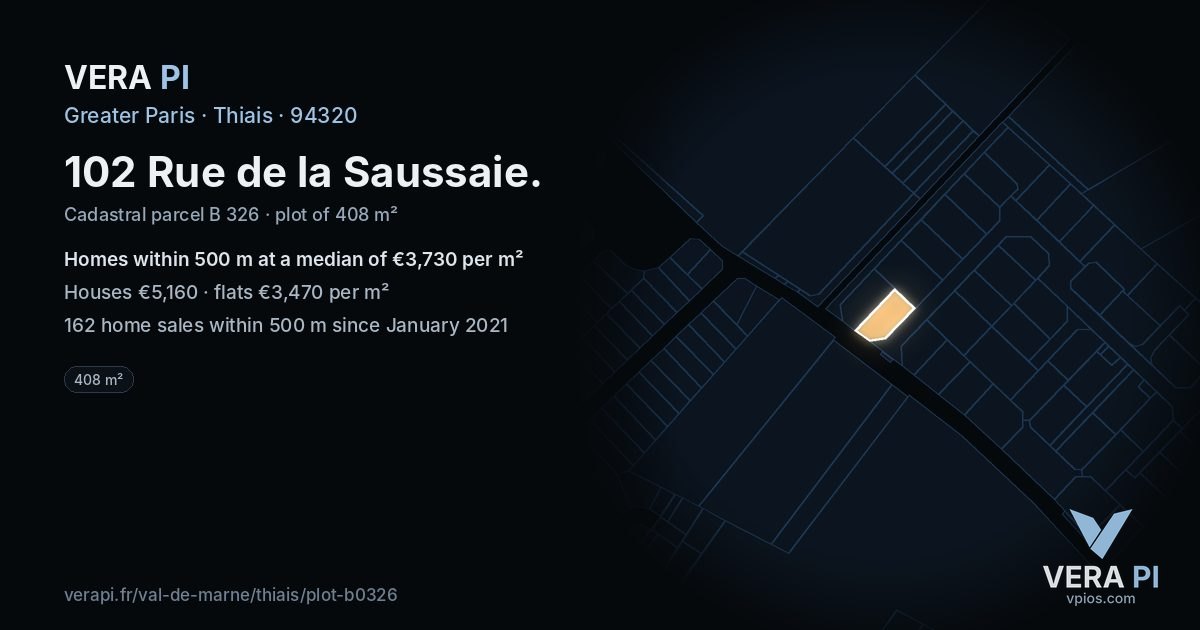 102 Rue de la Saussaie, Thiais at night – the plot lit, the parcels around coloured by the prices near them