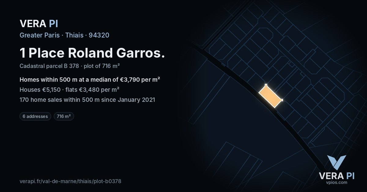 1 Place Roland Garros, Thiais at night – the plot lit, the parcels around coloured by the prices near them