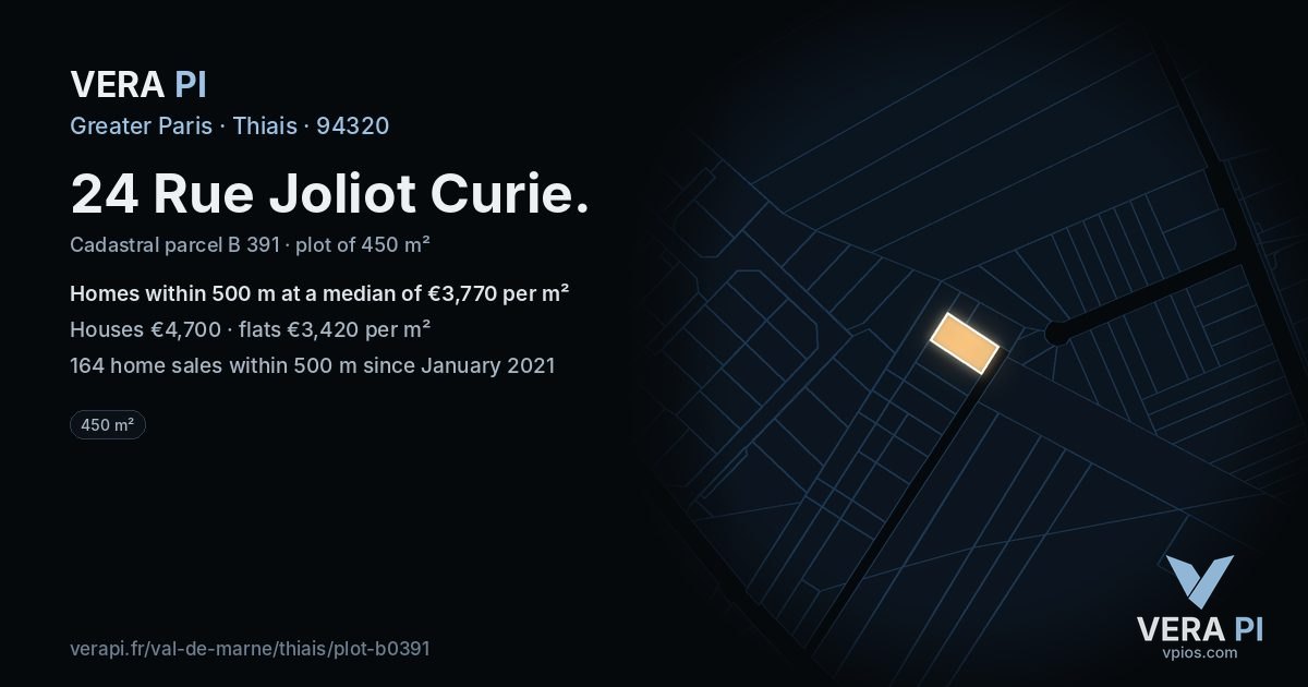 24 Rue Joliot Curie, Thiais at night – the plot lit, the parcels around coloured by the prices near them