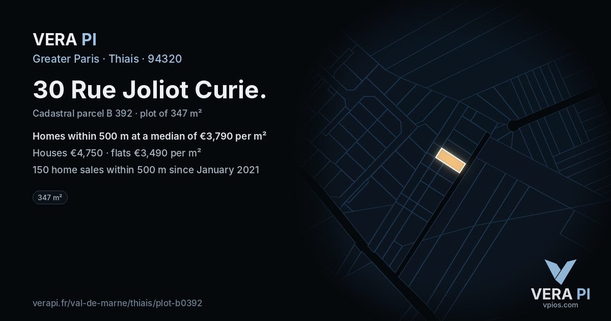 30 Rue Joliot Curie, Thiais at night – the plot lit, the parcels around coloured by the prices near them