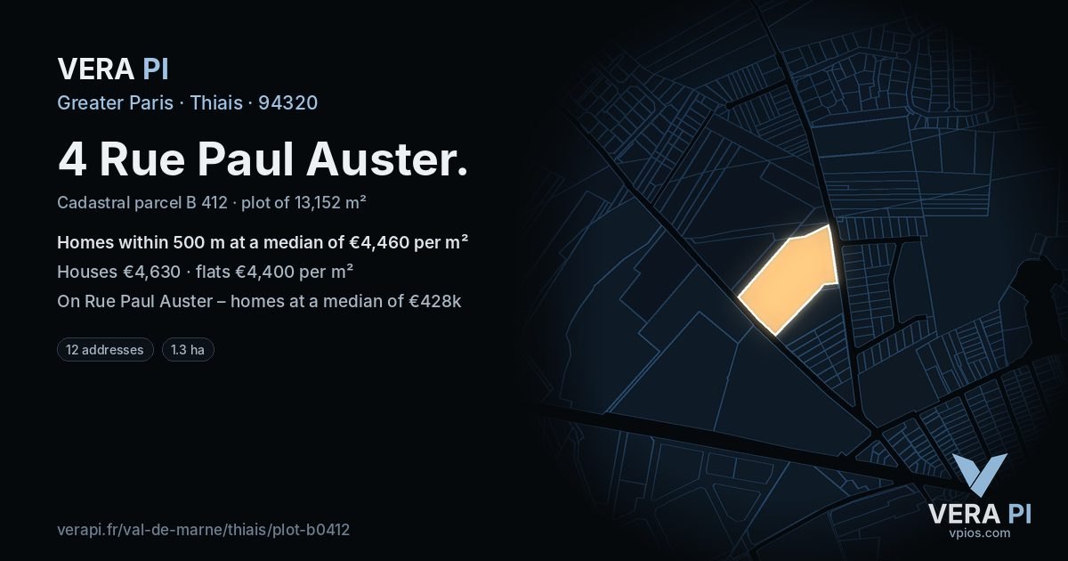 4 Rue Paul Auster, Thiais at night – the plot lit, the parcels around coloured by the prices near them