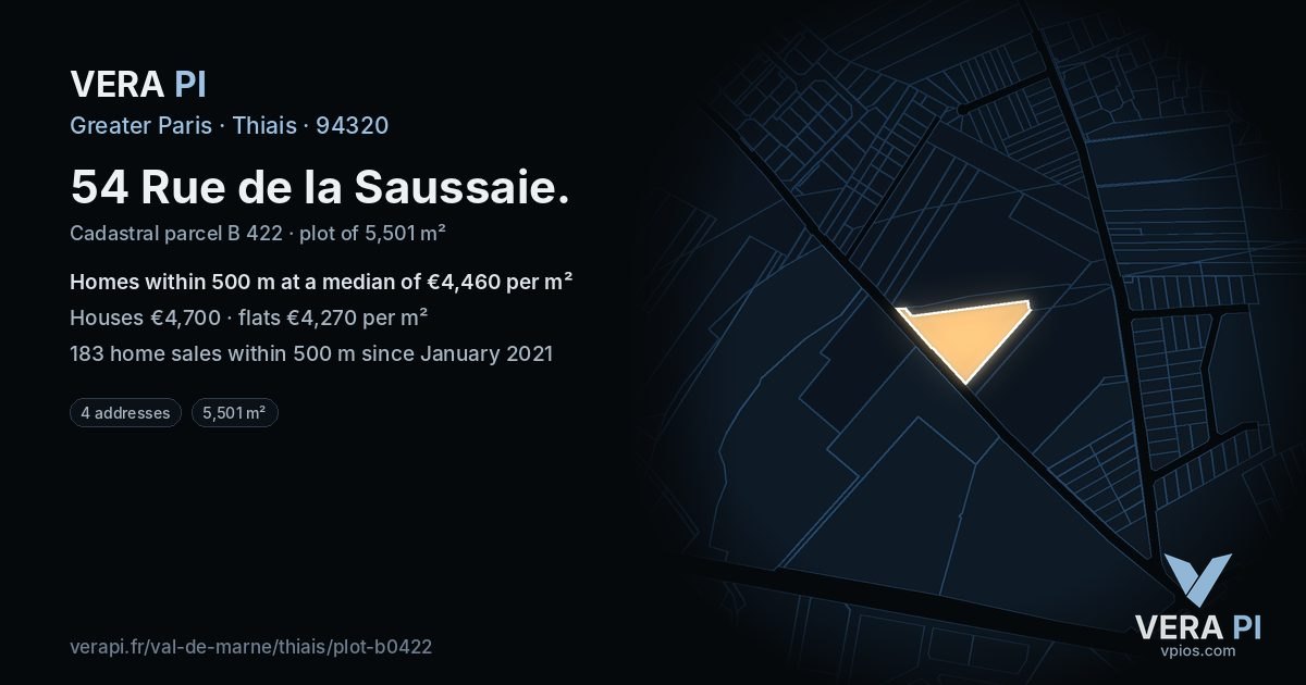 54 Rue de la Saussaie, Thiais at night – the plot lit, the parcels around coloured by the prices near them