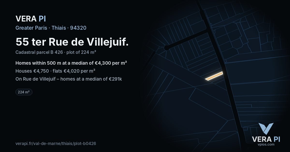 55 ter Rue de Villejuif, Thiais at night – the plot lit, the parcels around coloured by the prices near them