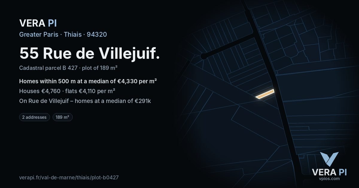 55 Rue de Villejuif, Thiais at night – the plot lit, the parcels around coloured by the prices near them