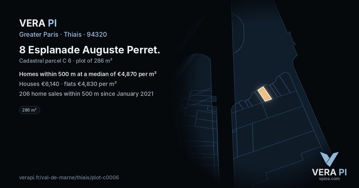 8 Esplanade Auguste Perret, Thiais at night – the plot lit, the parcels around coloured by the prices near them