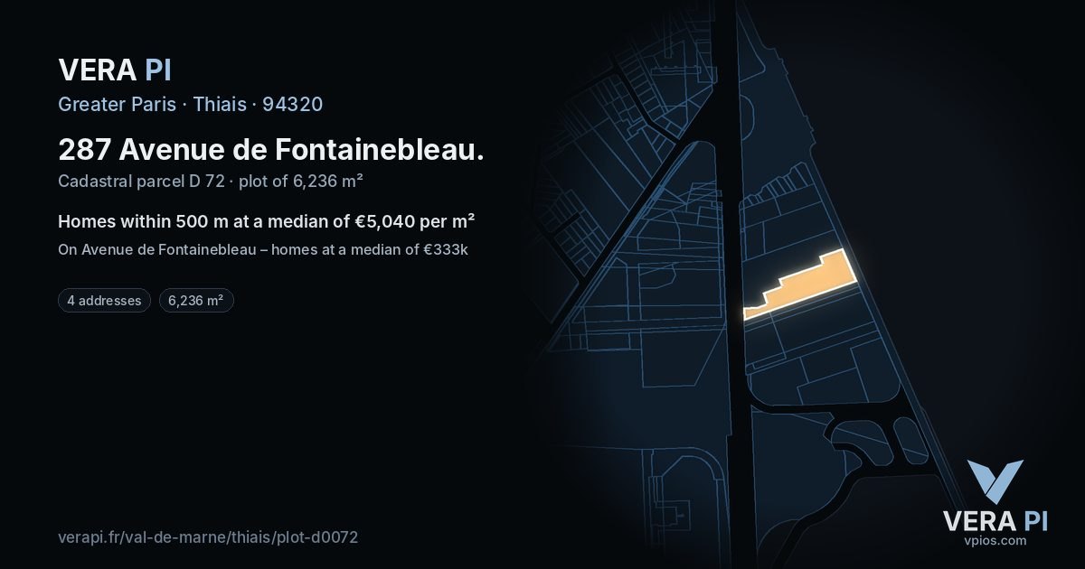 287 Avenue de Fontainebleau, Thiais at night – the plot lit, the parcels around coloured by the prices near them