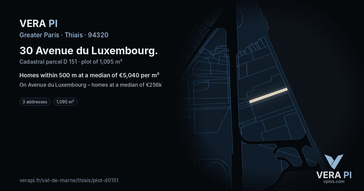 30 Avenue du Luxembourg, Thiais at night – the plot lit, the parcels around coloured by the prices near them