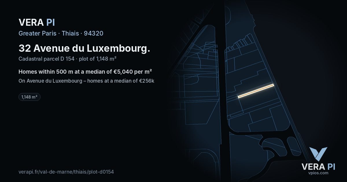 32 Avenue du Luxembourg, Thiais at night – the plot lit, the parcels around coloured by the prices near them