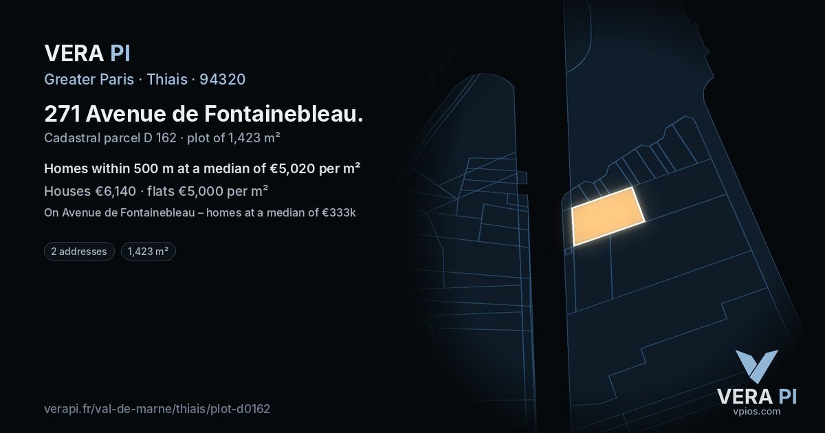 271 Avenue de Fontainebleau, Thiais at night – the plot lit, the parcels around coloured by the prices near them