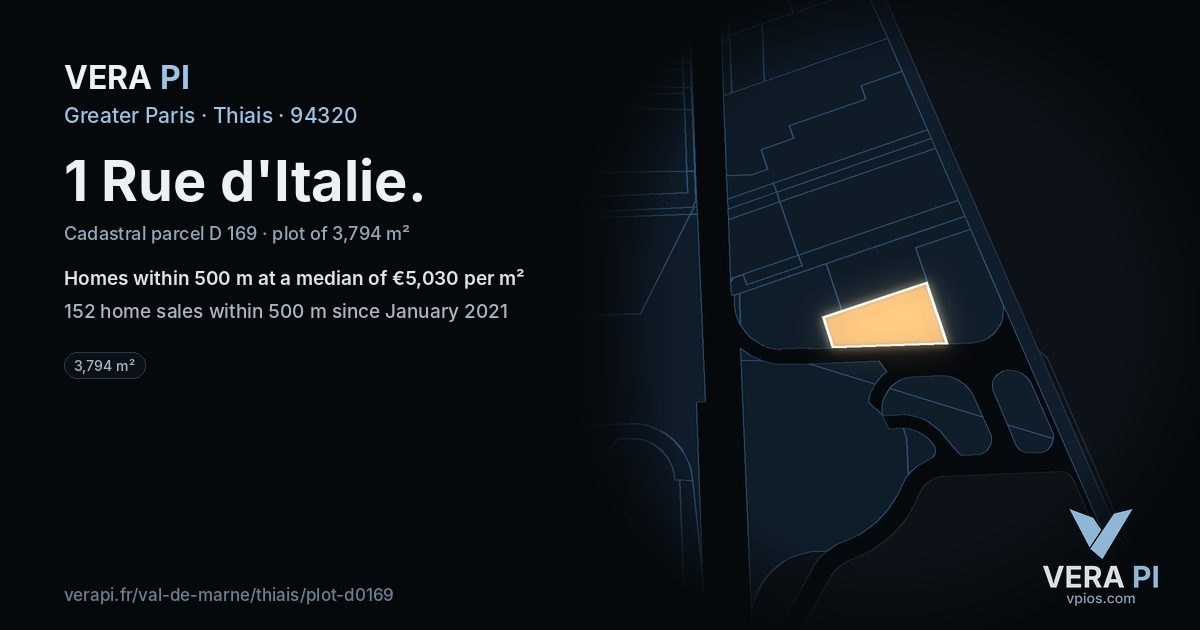 1 Rue d'Italie, Thiais at night – the plot lit, the parcels around coloured by the prices near them