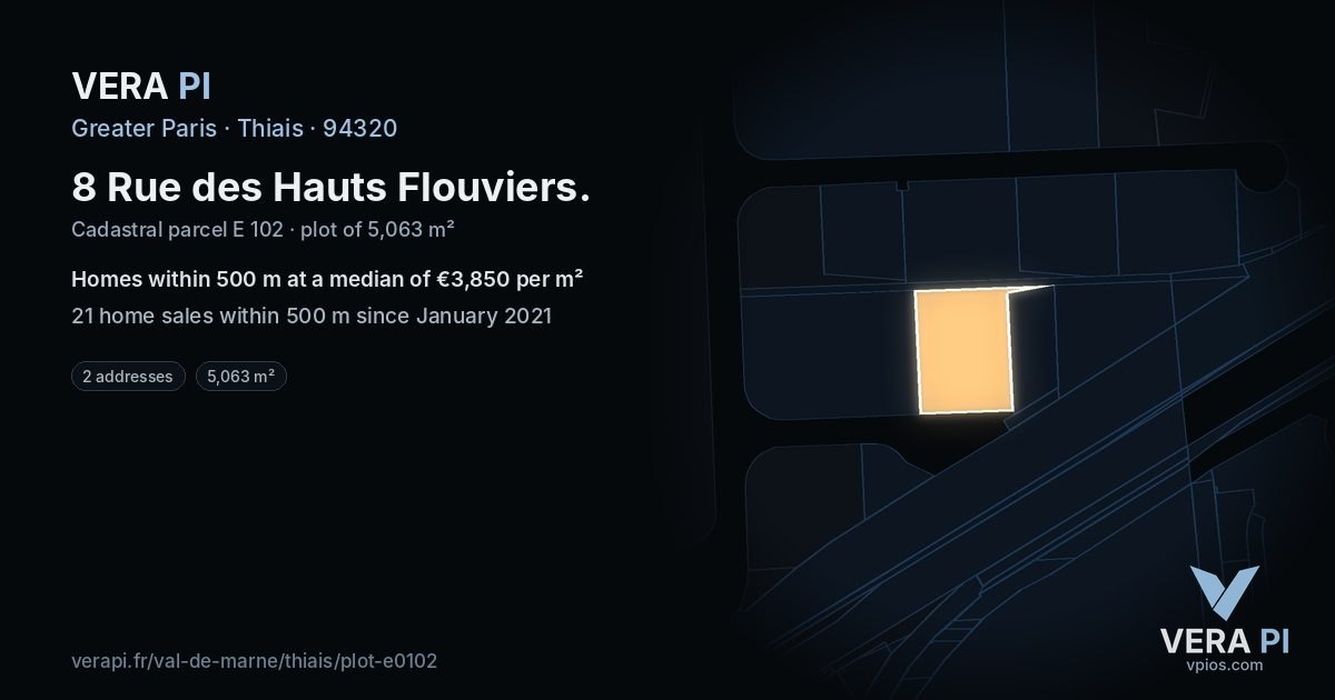 8 Rue des Hauts Flouviers, Thiais at night – the plot lit, the parcels around coloured by the prices near them